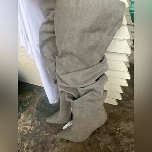 Zara Gray Suede Pointed-Toe Slouchy Knee-High Heeled Boots NWT